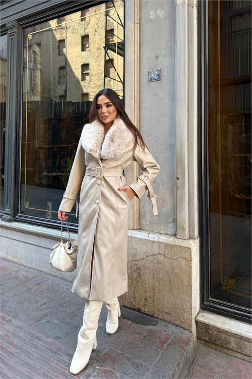 Dipmoda kadın yaka çıkarılabilir kürk detaylı düğmeli deri trençkot DPSTR1001