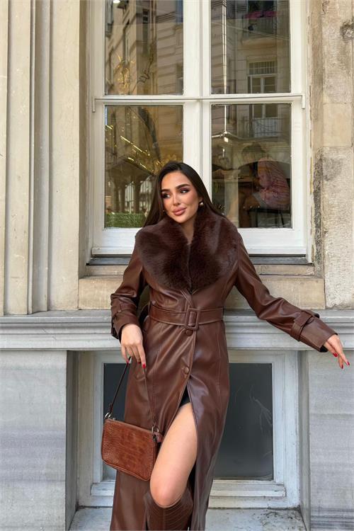 Dipmoda kadın yaka çıkarılabilir kürk detaylı düğmeli deri trençkot DPSTR1001