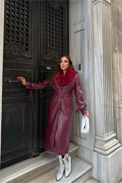 Dipmoda kadın yaka çıkarılabilir kürk detaylı düğmeli deri trençkot DPSTR1001