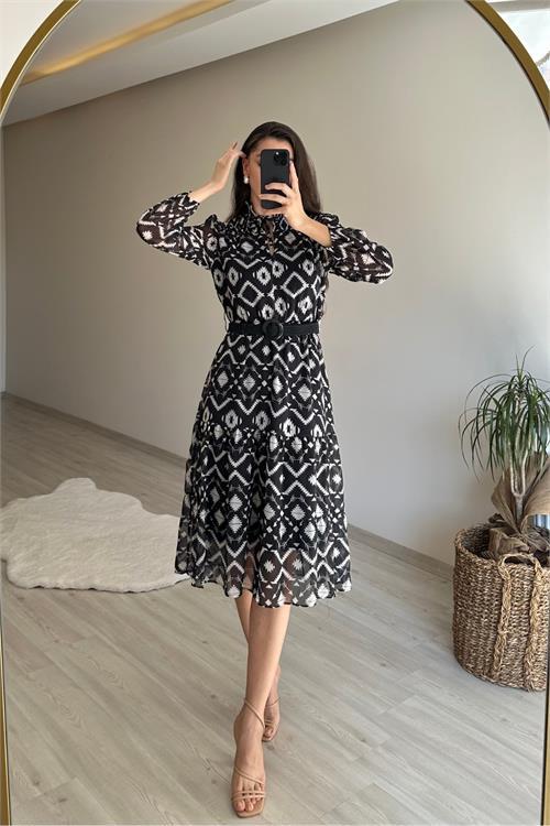 Dipmoda kadın yaka lastikli geometrik desen midi şifon elbise NM021