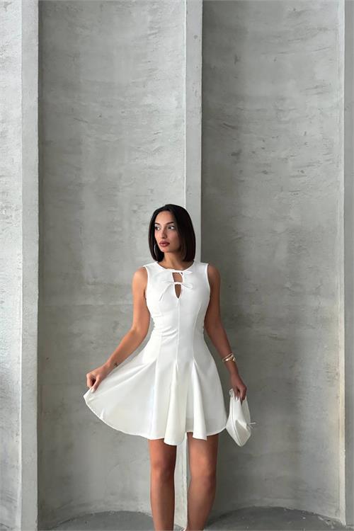 Dipmoda kadın yakası bağlama detaylı likralı mini elbise DPG084