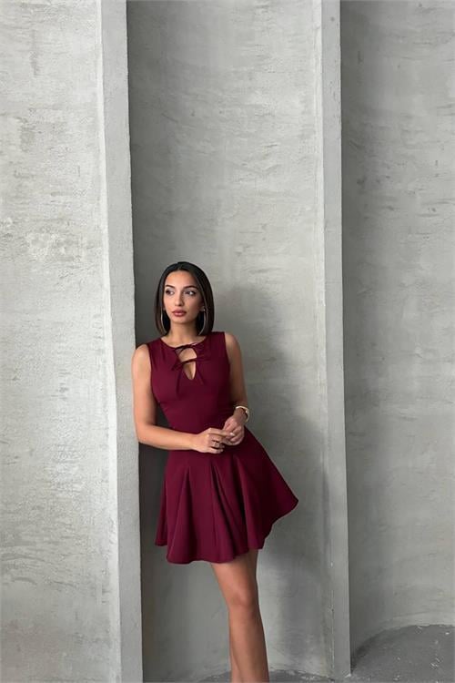 Dipmoda kadın yakası bağlama detaylı likralı mini elbise DPG084