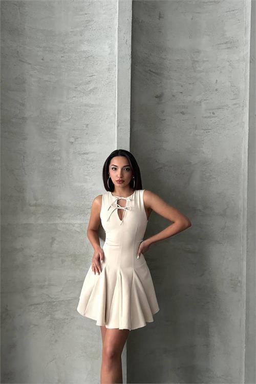 Dipmoda kadın yakası bağlama detaylı likralı mini elbise DPG084