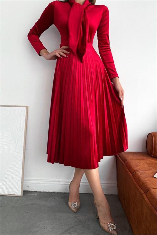 Dipmoda kadın yakası bağlama detaylı piliseli kadife elbise NBQ012