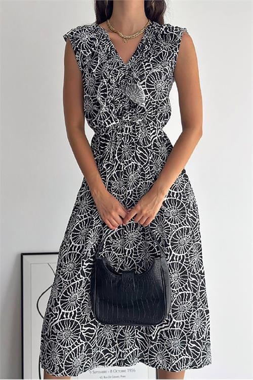 Dipmoda kadın yazlık V-yaka desenli viskon elbise KKLF20 