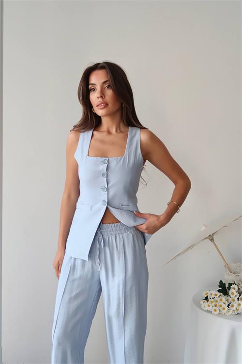 Dipmoda kadın yazlık yelek pantolon ikili keten takım DPG096