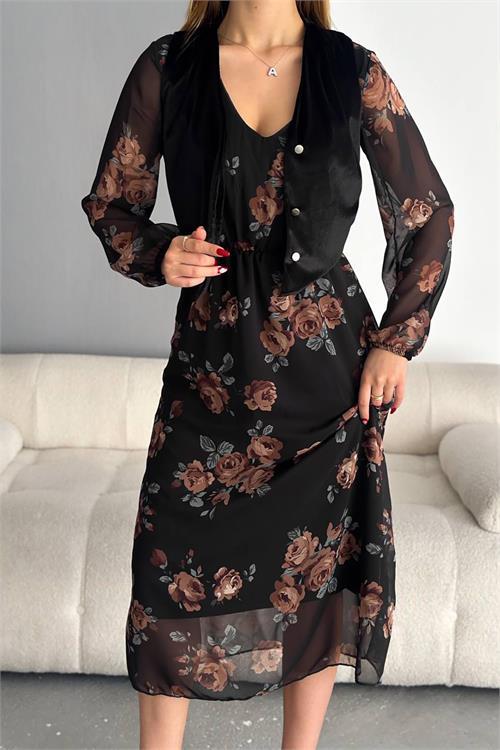 Dipmoda kadın yelek görünümlü astarlı midi şifon elbise NBKKLF2003 