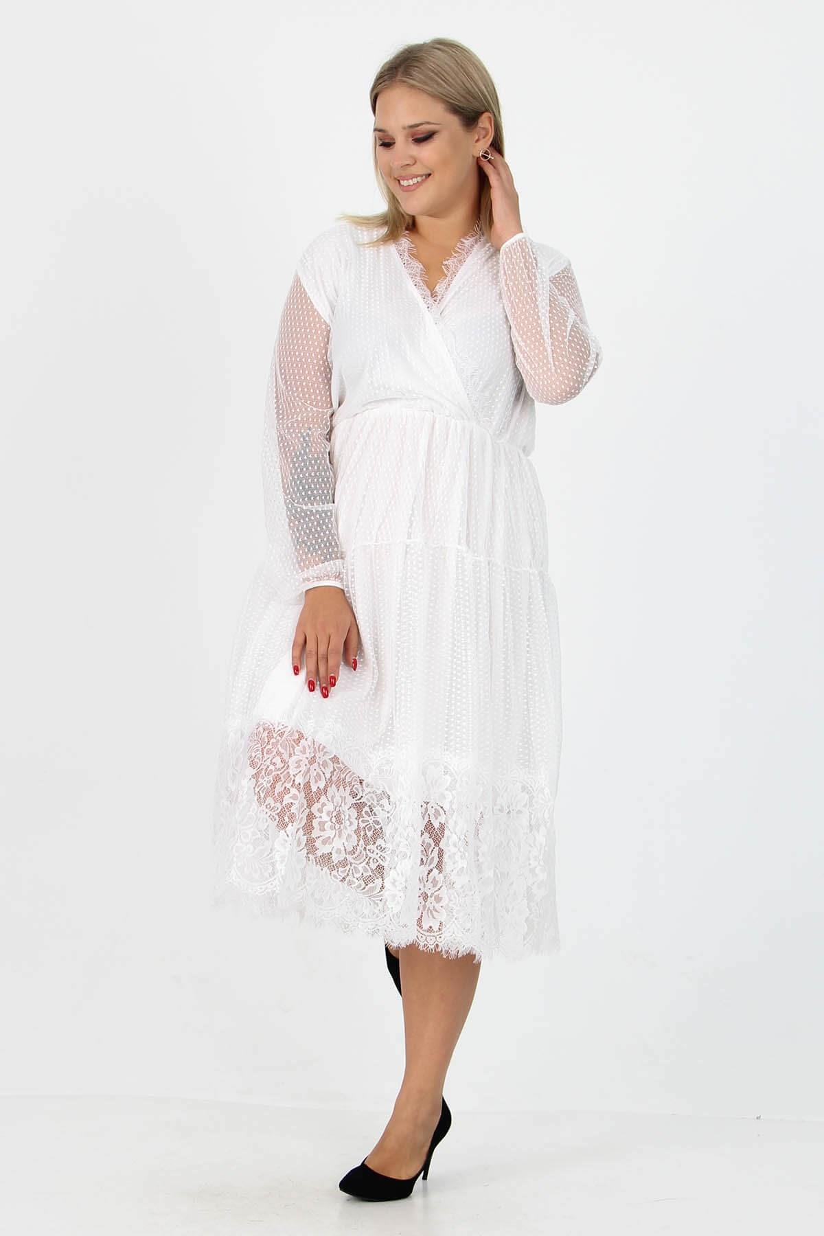 Dipmoda kadın yeni sezon tül detaylı kruvaze yaka büyük beden elbise APCX14 