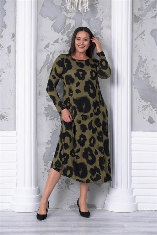 Dipmoda kadın yeşil desenli büyük beden elbise NBA031