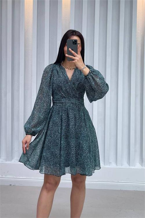 Dipmoda kadın yeşil desenli mini şifon elbise DPNBMY3391