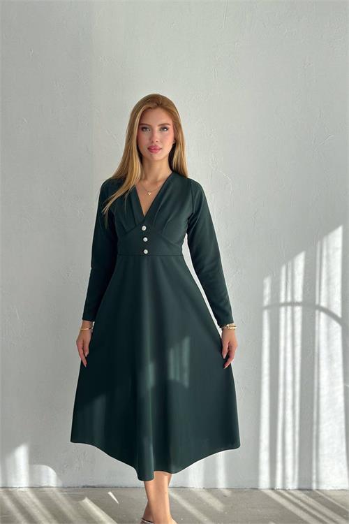 Dipmoda kadın yeşil düğme detaylı mini elbise NBK2159