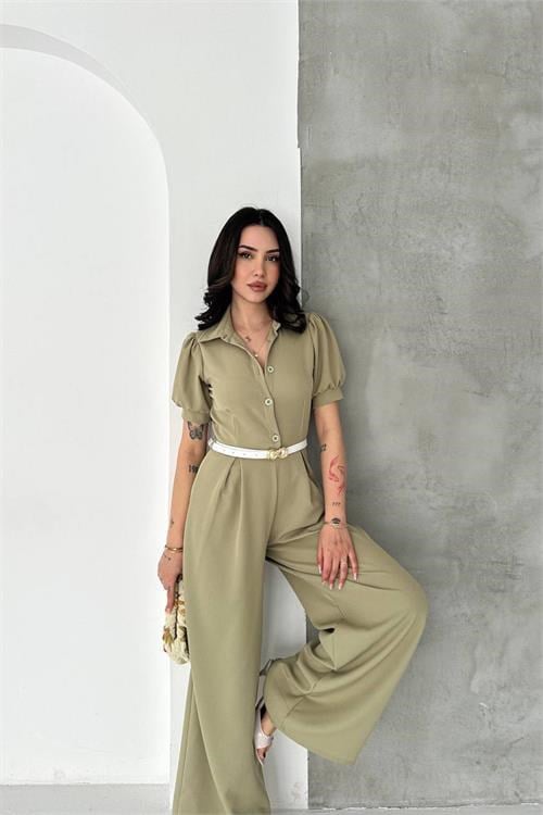 Dipmoda kadın yeşil gömlek yaka kemerli geniş paça tulum DPK4197