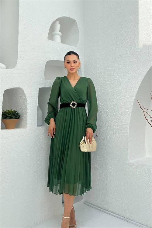 Dipmoda kadın yeşil kruvaze yaka kemer detaylı piliseli midi elbise