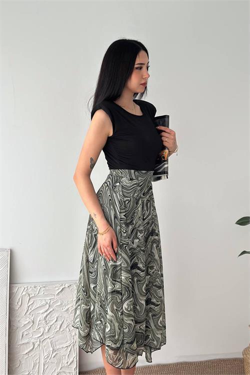 Dipmoda kadın yeşil modern kesim vatkalı asimetrik kesim mermer desen elbise DPK4593