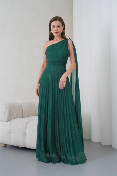Dipmoda kadın yeşil tek omuz tokalı drape detaylı ışıltılı tül kumaş abiye elbise DPS9388