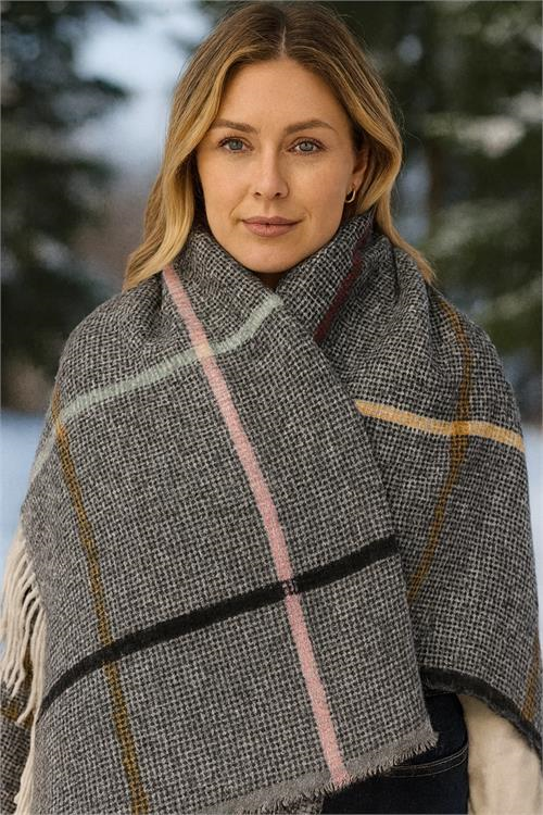 Dipmoda kadın yumuşak dokulu çizgili antrasit şal atkı DPAKS034