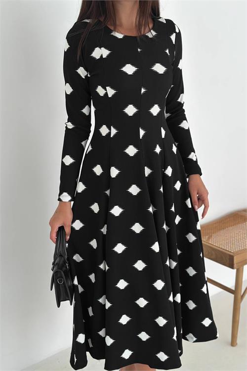 Dipmoda kadın yuvarlak yaka uzun kollu midi boy elbise DPK066