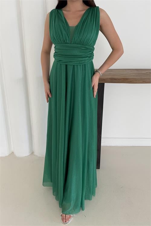 Dipmoda kadın zümrüt yeşil simli büyük beden abiye elbise RYS9223