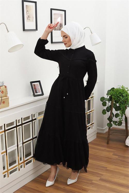 Dipmoda kadını düğme detaylı tesettür elbise RSSN44 - Siyah 