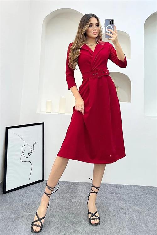Dipmoda kadını gömlek yaka kemerli örme elbise NB0016 