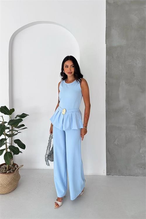 Dipmoda kaldın bebe mavi kolsuz gold toka detaylı peplum kesim preium tulum DPK4637