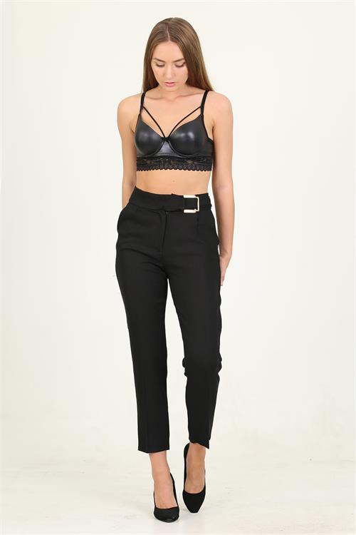 Dipmoda siyah kadın metal kemerli cepli ofis pantolon QNS028 