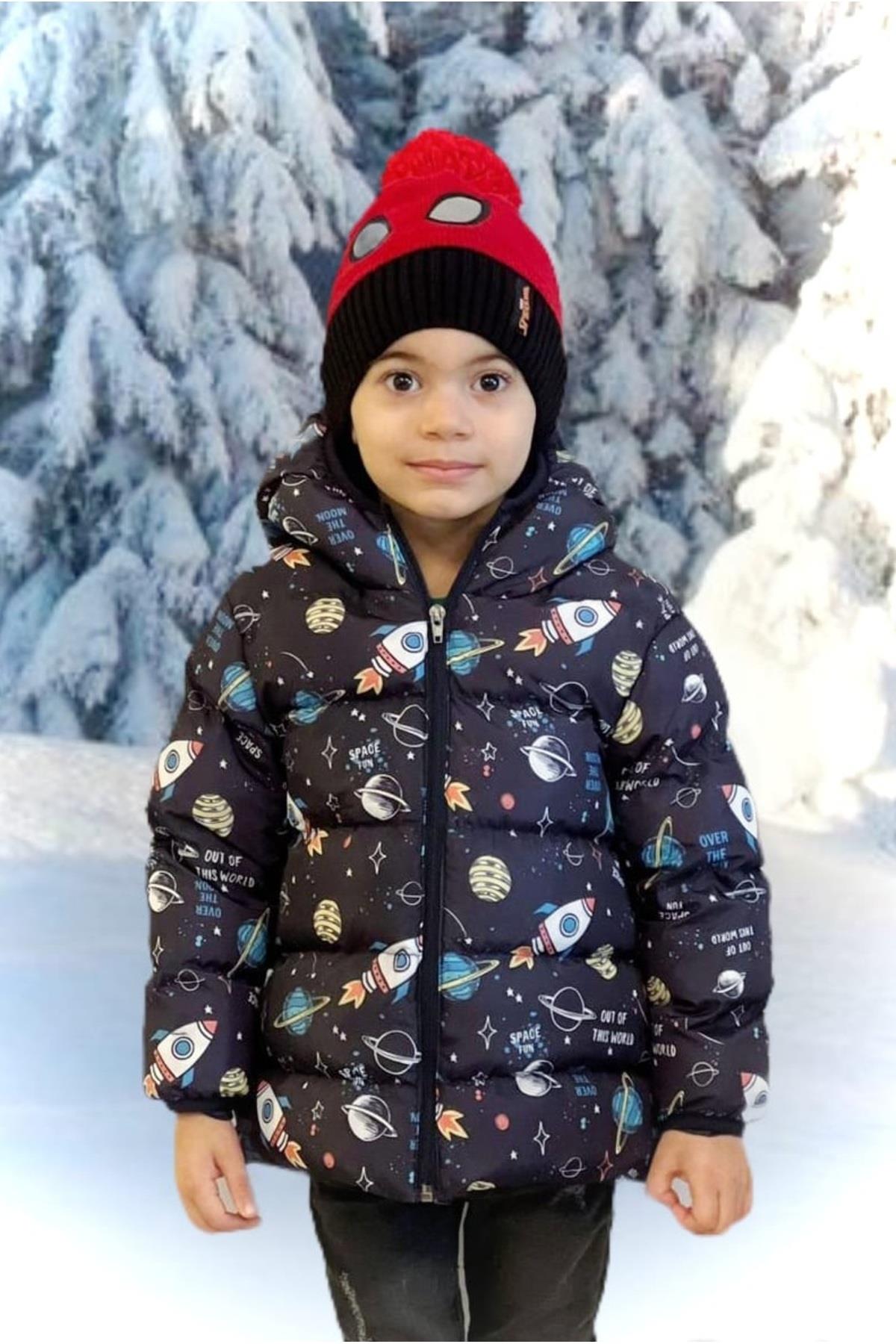 Erkek Çocuk Lacivert Roket Desenli İç Polarlı Kışlık Şişme Mont DPRBC017