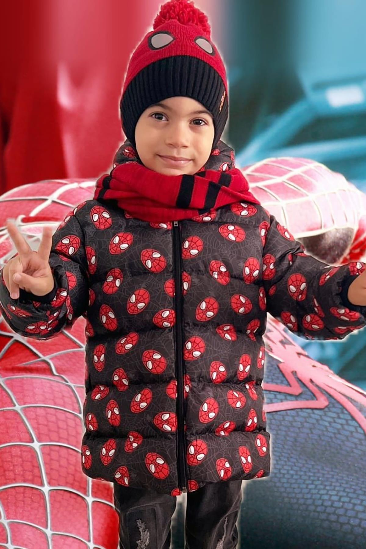 Erkek Çocuk Örümcek Adam Desenli İç Polarlı Kışlık Mont DPRBC009