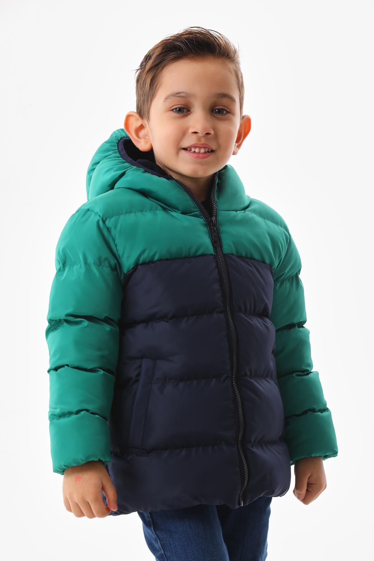 Erkek Çocuk Yeşil Robalı Su Geçirmez İç Polarlı Kışlık Mont DPRBC012