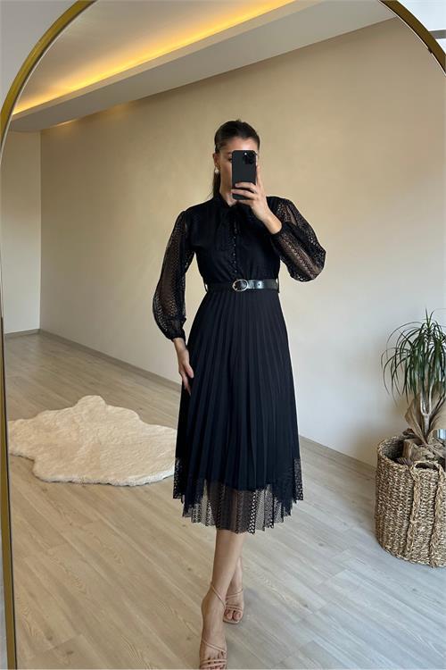 Kadın dantelli piliseli yaka bağlamalı midi elbise NM012
