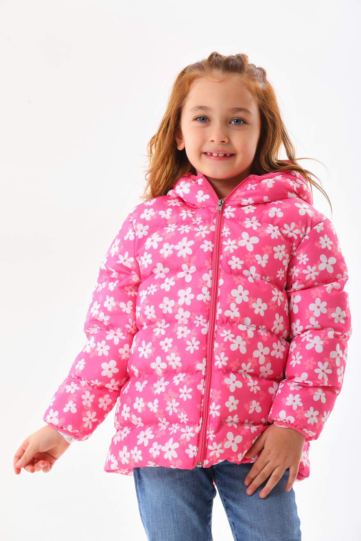 Kız Çocuk Çiçek Desenli İç Polarlı Kışlık Şişme Mont DPRBC007
