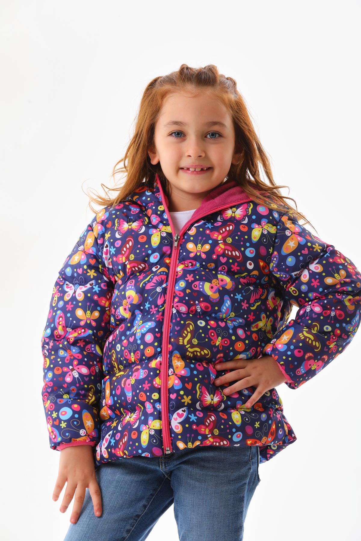 Kız Çocuk Kelebek Desenli İç Polarlı Kışlık Şişme Mont DPRBC013
