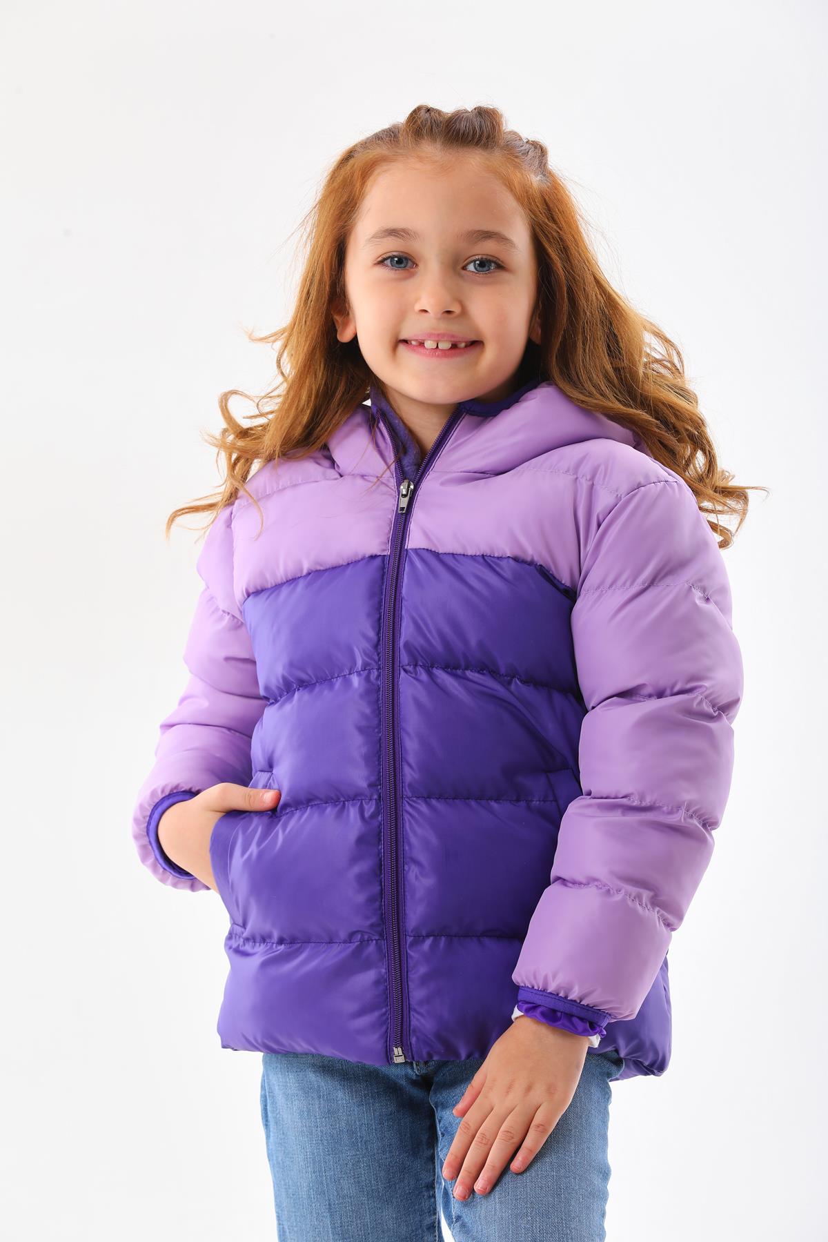 Kız Çocuk Lila Robalı Su Geçirmez İç Polarlı Kışlık Mont DPRBC012