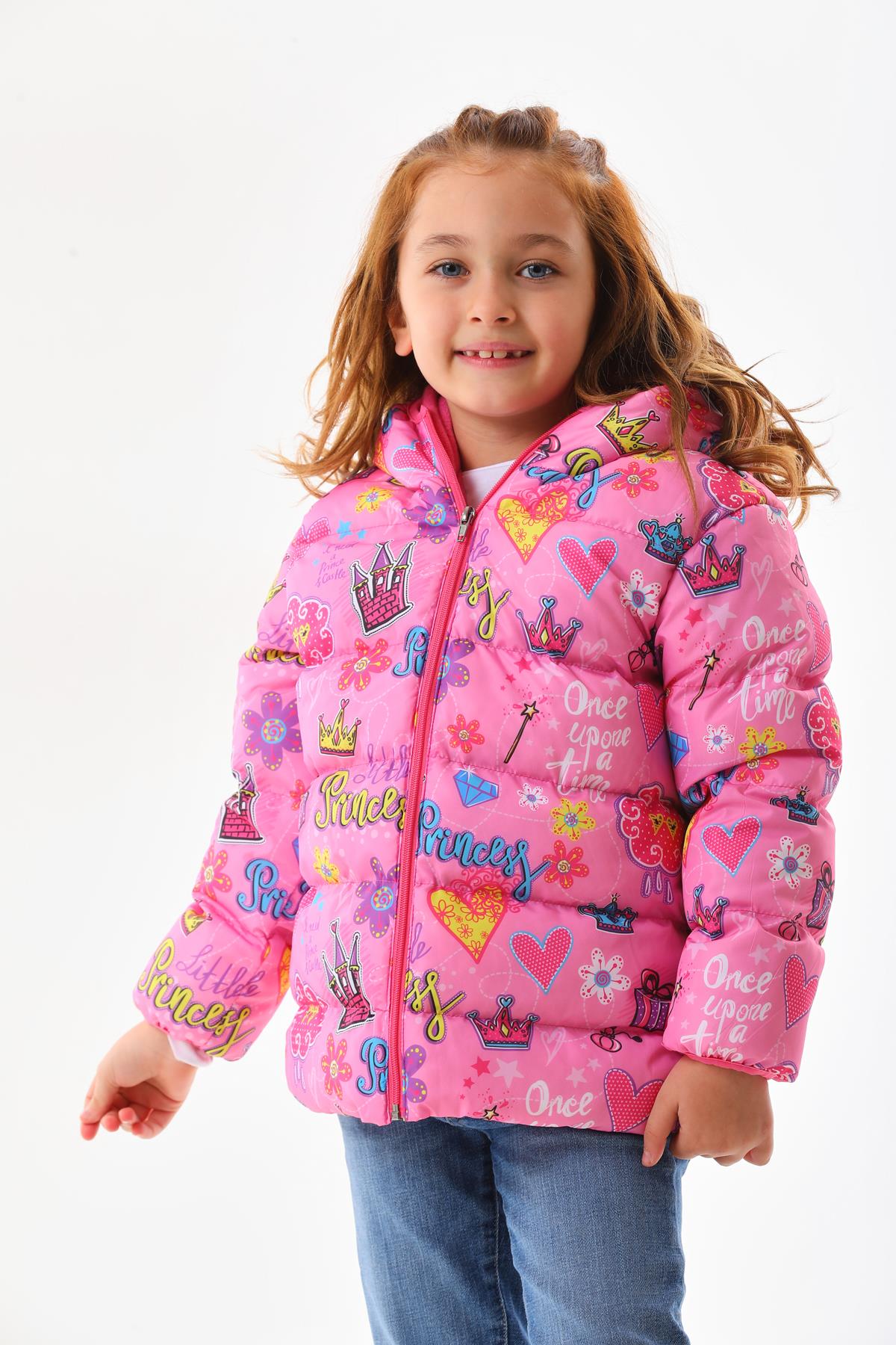 Kız Çocuk Pembe Prenses Desenli İç Polarlı Kışlık Mont DPRBC018