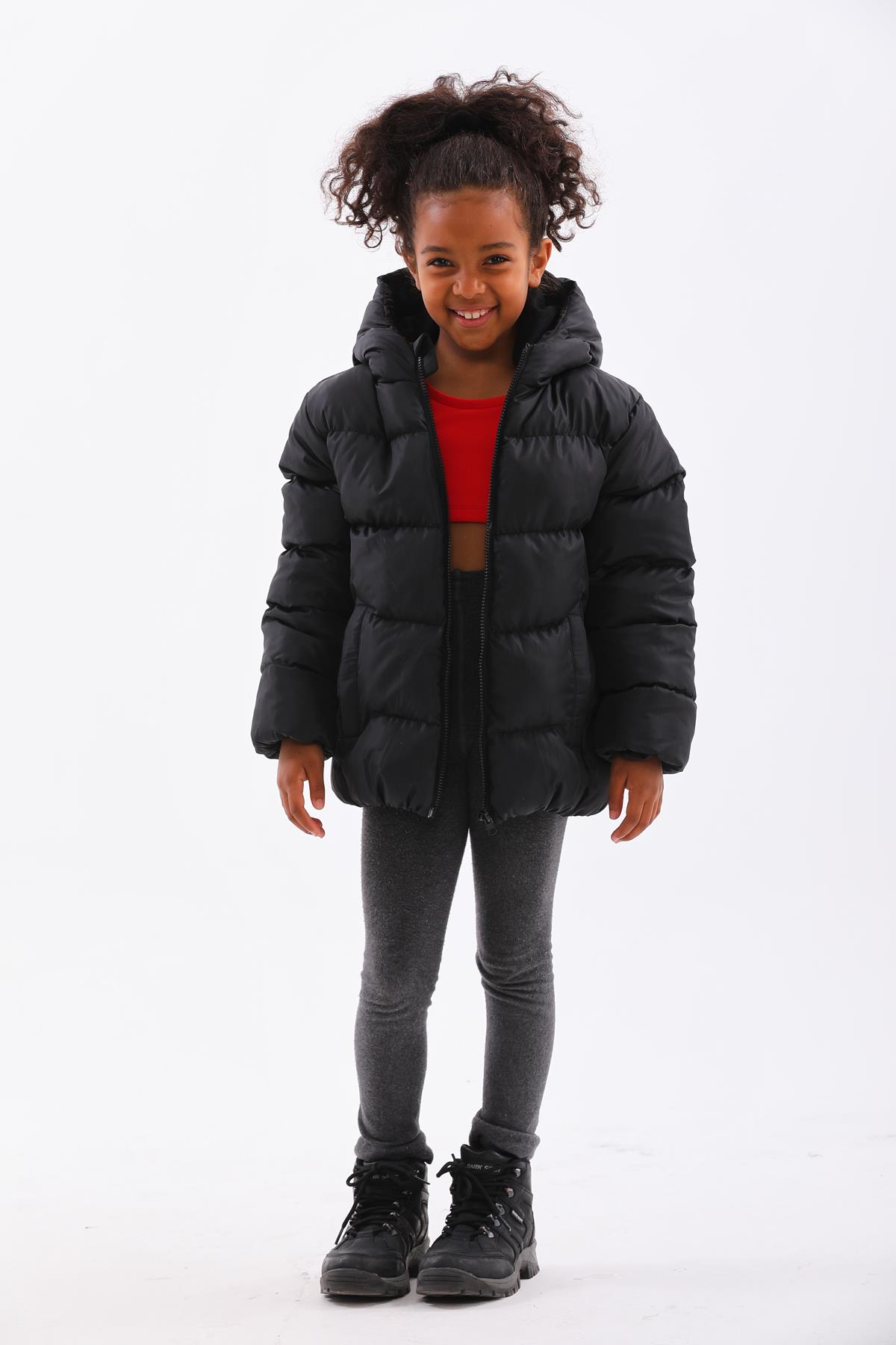 Kız Erkek Çocuk Siyah Su Geçirmez İç Polarlı Kışlık Mont DPRBC014