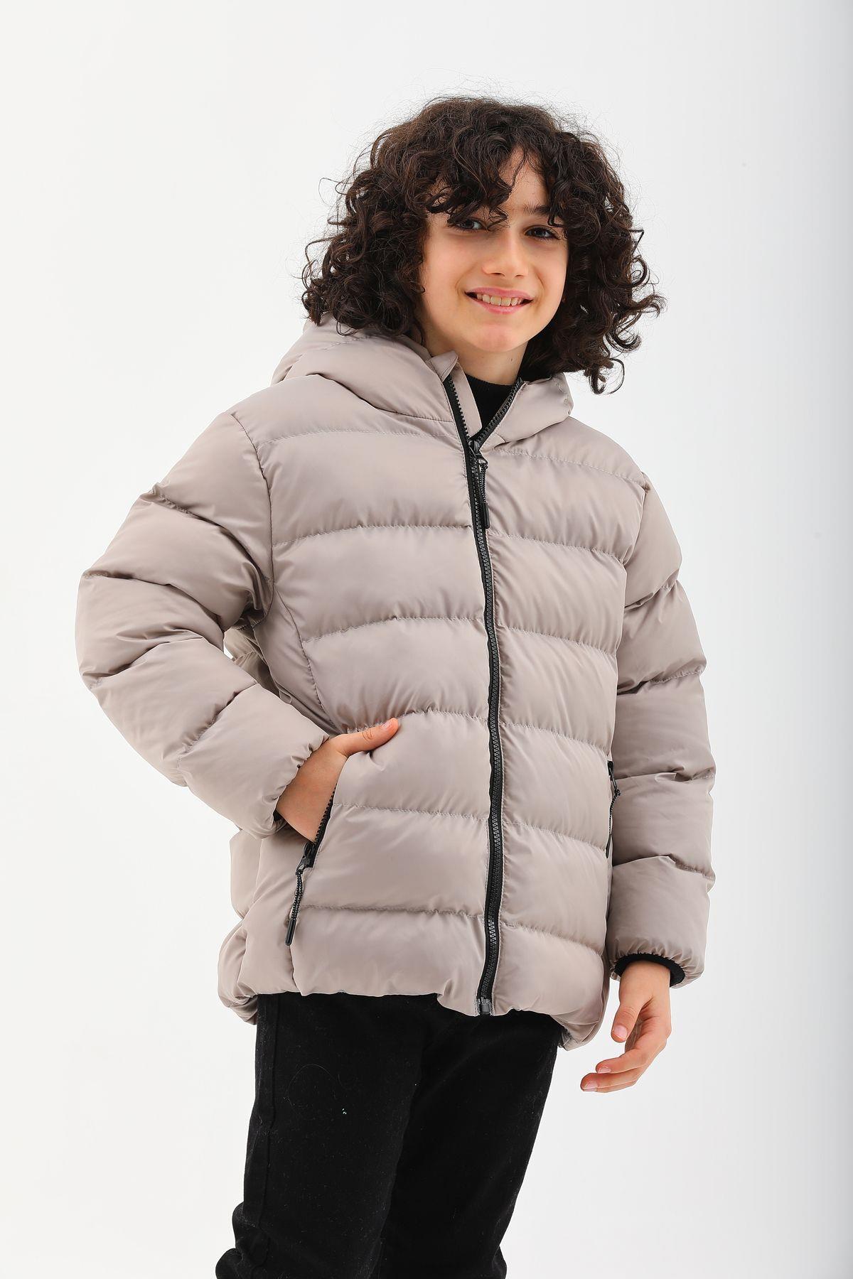 Kız Erkek Çocuk Taş Rengi Su Geçirmez İç Polarlı Kışlık Mont DPRBC015