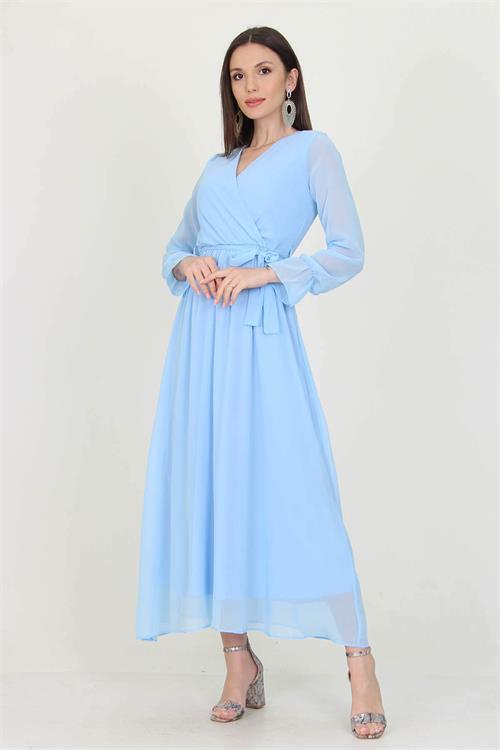 Neşeli Butik Kadın bebe mavisi Yeni Sezon Astarlı Kruvaze Yaka Uzun Şifon Elbise NB003 