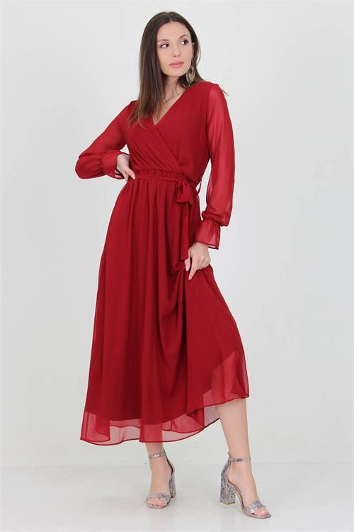 Neşeli Butik Kadın Bordo Yeni Sezon Astarlı Kruvaze Yaka Uzun Şifon Elbise NB003 