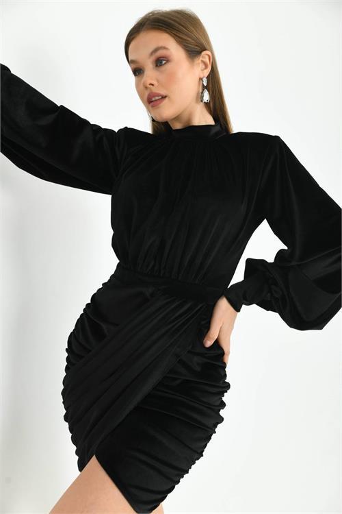 Neseli butik kadın kadife balon kol büzgülü mini abiye elbise NBS9302 