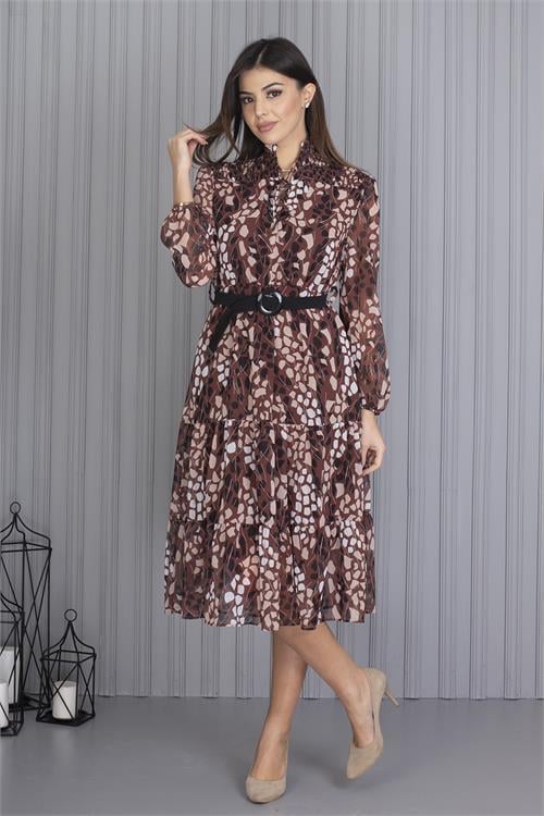 Neşeli Butik Kadın Kahverengi Kemerli Leopar Desenli Şifon Elbise Apcx04 