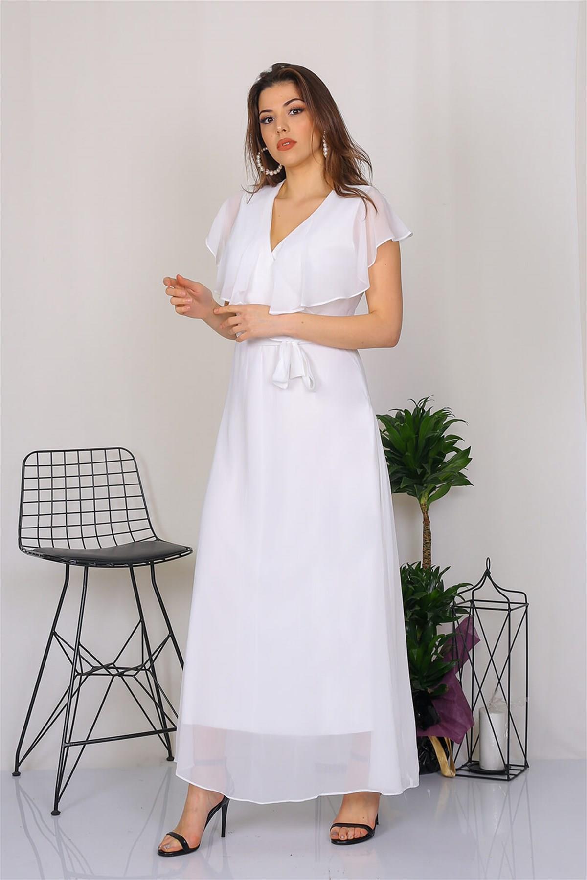 Neşeli Butik Kadın Kruvaze Yaka Bağlama Detaylı Yeni Sezon Uzun Şifon Elbise KTS001 