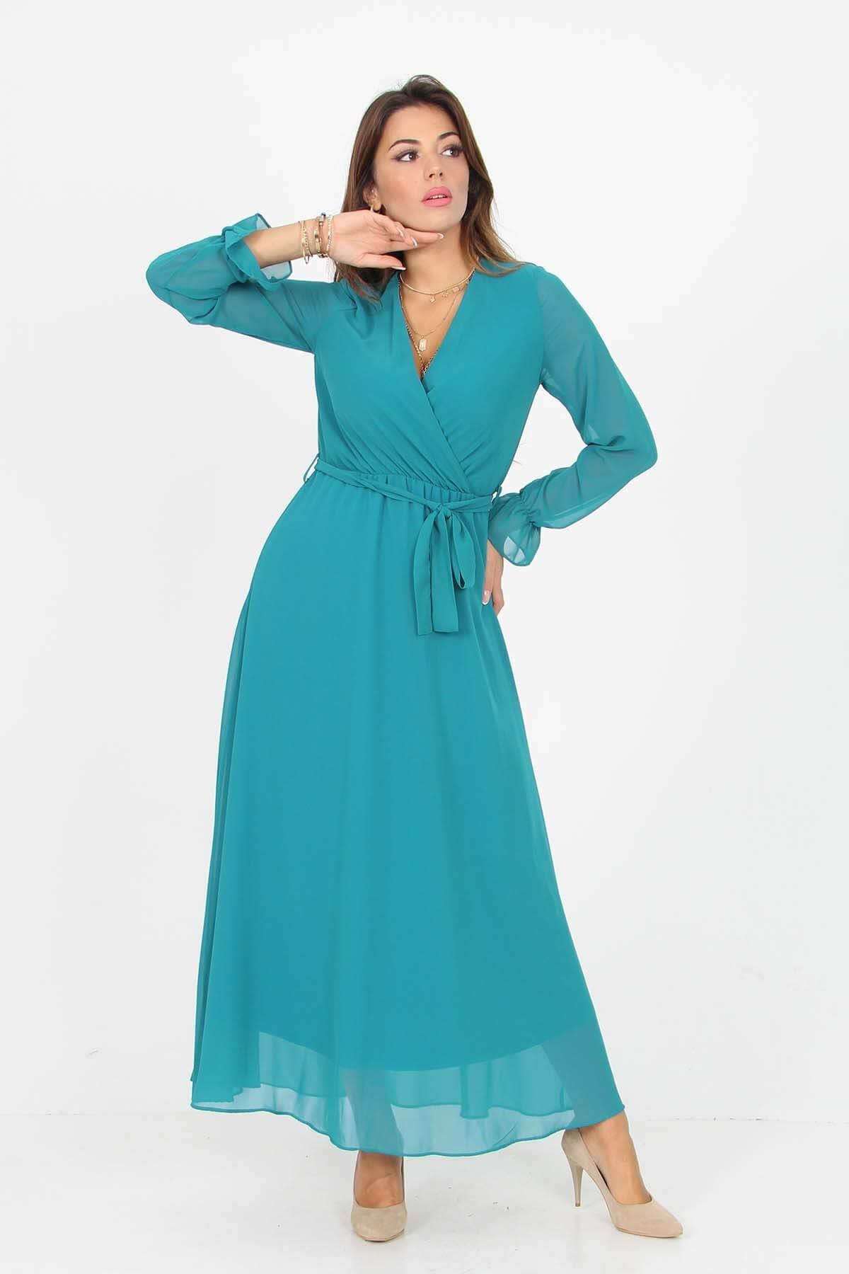 Neşeli Butik Kadın Kruvaze Yaka Bağlama Detaylı Yeni Sezon Uzun Şifon Elbise KTS003 