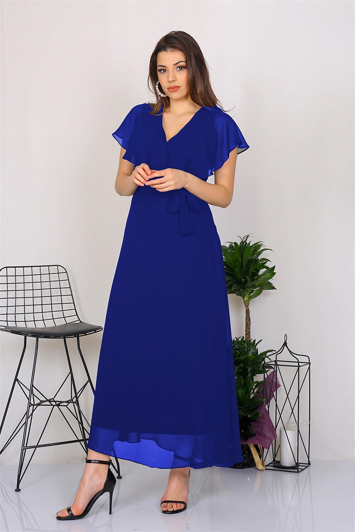 Neşeli Butik Kadın Kruvaze Yaka Bağlama Detaylı Yeni Sezon Uzun Şifon Elbise KTS001 