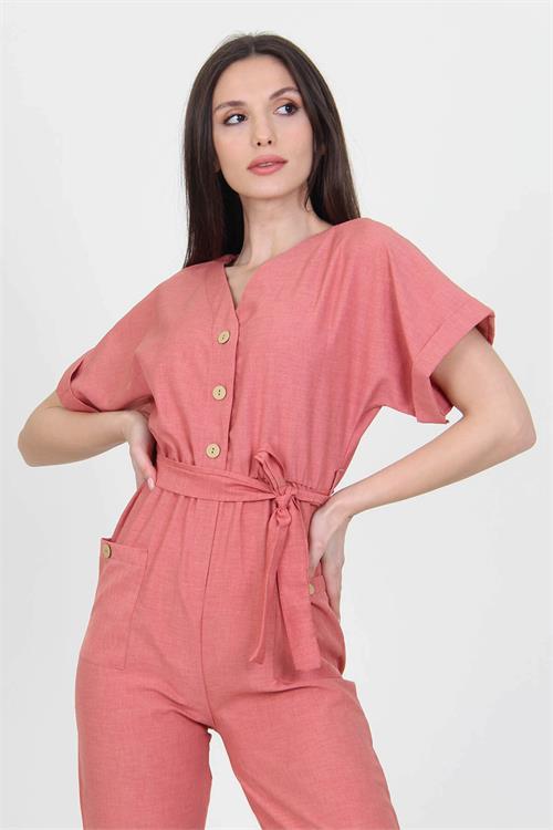 Neşeli Butik Kadın V Yaka Düğme Detaylı Tulum NB7068 