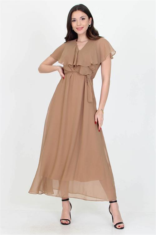 Neşeli Butik Kadın Yeni Sezon Kruvaze Yaka Bağlama Detaylı Uzun Şifon Elbise NB0001 