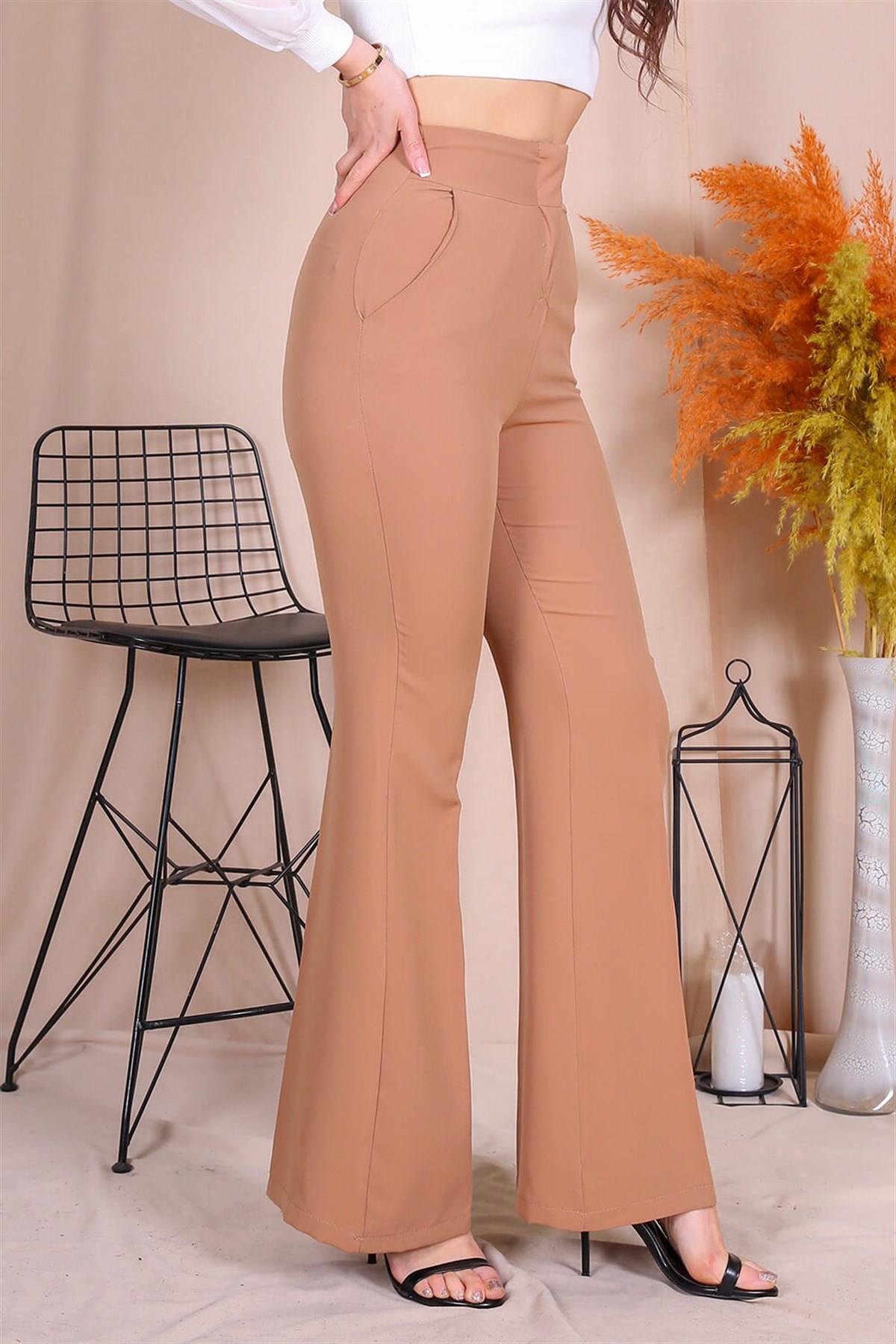 Neşeli Butik Kadın Yüksek Bel Cepli İspanyol Paça Kumaş Pantolon QNS005 