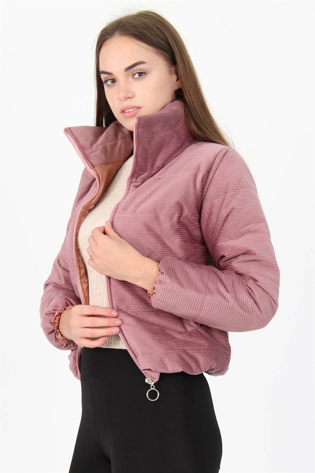 Neşeli Butik Kadın Yüksek Yaka Fermuar Detaylı Cepli Kışlık Kadife Mont NB7154 