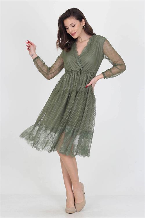 Neseli butik kruvaze yaka eteği güpür detaylı yeni sezon elbise NB0010 