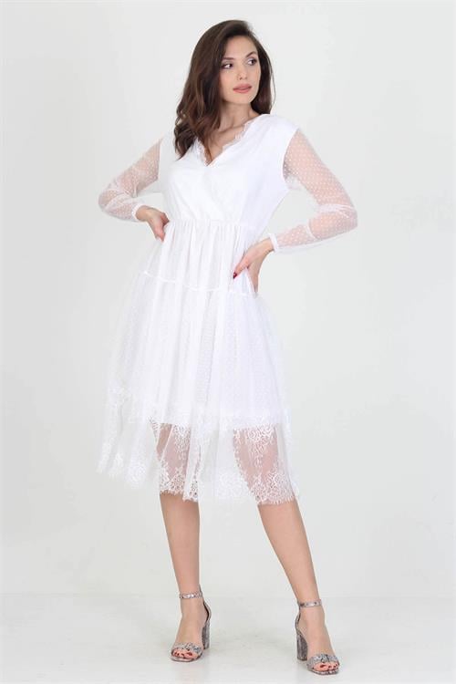 Neseli butik kruvaze yaka eteği güpür detaylı yeni sezon elbise NB0010 