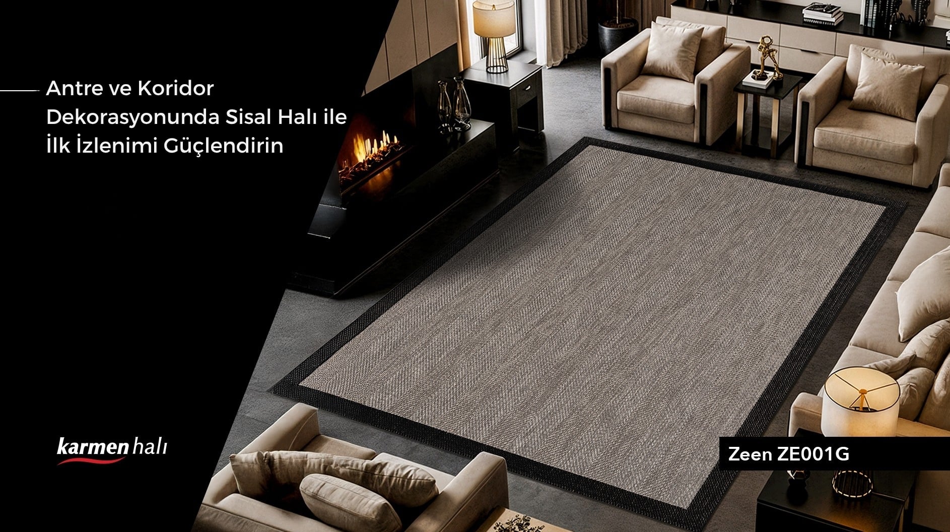 Modern bir antre girişinde şık ve dayanıklı bej sisal halı kullanımı